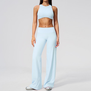 New Collection High Waist Wide Leg Yoga Pants Set Leisure Yoga Wear Pilates Tummy Control Open Back Nude Feel Gym Fitness Set - Product Image 1