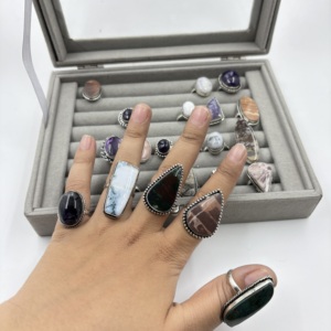 Trendy Assorted <b>Silver</b> Plated <b>Rings</b> Natural Gemstone <b>Adjustable</b> <b>Rings</b> for Women Bulk Supplier - Product Image 3