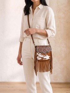 Vintage Genuine Leather Shoulder Bag Fringe Crossbody <b>Purse</b> Embossed Floral Pattern for Daily Travel - Product Image 4