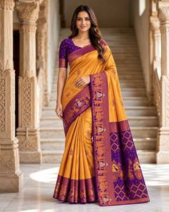Elegante Saree de Seda para Novia Meena Work, con Zari Oro Rosa Tejido, Cuerpo en Contraste Intenso, Palu y Blusa de Diseñador, Protección Solar - Product Image 1