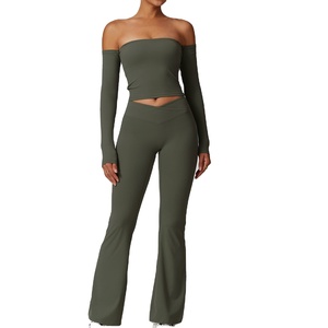 Conjuntos de Yoga para mujer 2025, ropa activa, Top de manga larga, parte inferior acampanada, patrón sólido, botón corto, levantamiento de glúteos, conjuntos de Fitness para gimnasio - Product Image 6