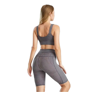 Gray Racerback <b>Crop</b> <b>Top</b> High Waist Bike Shorts 2 Piece Yoga Set Seamless <b>Mesh</b> Spandex Polyester Workout Wear - Product Image 3
