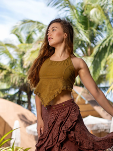 Handcrafted Artisan Women Dark Brown Crinkle Cotton Halter Neck Crop <b>Top</b> Breathable Sleeveless Backless Boho <b>Festival</b> Blouse - Product Image 5