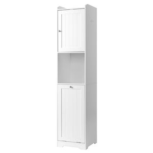 Mobile da Bagno in Truciolato Melaminico Bianco con Venatura Verticale 40*40*180cm, 1 Anta + Cassetto Inferiore a Ribalta, Contenitore in Tessuto Non Tessuto - Product Image 2