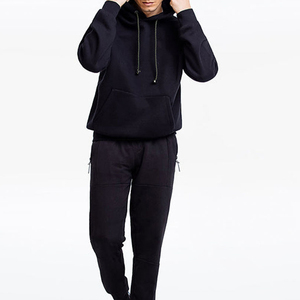 <b>Mens</b> Solid Black Hooded Sweatshirt and Jogger Set Cotton French Terry Tracksuit Casual Long Sleeve <b>Pullover</b> with Kangaroo Pocket - Product Image 2