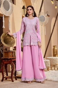 Ensemble de vêtements pour femme en faux georgette lourd avec broderie et travail de sequins de 3 mm, comprenant un haut, un palazzo et un dupatta, entièrement cousu, ZW 145 - Product Image 1