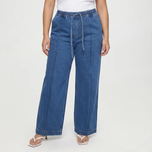 En gros, Pantalon en jean décontracté en coton pour femme, grande taille, taille haute, coupe large, avec cordon de serrage, délavé à la pierre - Product Image 1