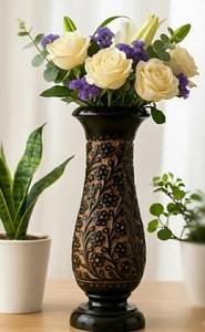 Embossed Floral Wooden <b>Vase</b>: Vintage Style Decorative Flower Holder - Product Image 3
