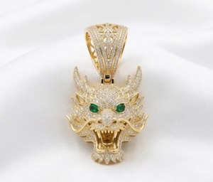18K Gold <b>Iced</b> <b>Out</b> Dragon Pendant Diamond Pave Emerald Eyes Cuban <b>Chain</b> Lab Grown Custom - Product Image 4
