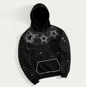 Sudadera con Capucha Negra con Pedrería en Forma de Estrella, Unisex, Impermeable, Transpirable, de Invierno, Tejida, de Poliéster/Rayón, con Cristales Brillantes - Product Image 4