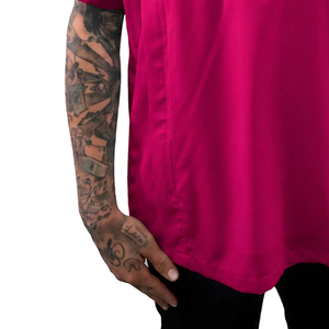 Pink Short Sleeve Barber Shirt with Chest Pocket and <b>Stand</b> Collar for Men - Product Image 6