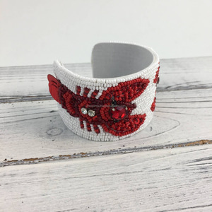 Beaded Lobster Cuff <b>Bracelet</b> <b>Red</b> White Coastal Nautical Boutique Jewelry Handmade Seed Bead Embroidery Artisan Artistry By PR - Product Image 2