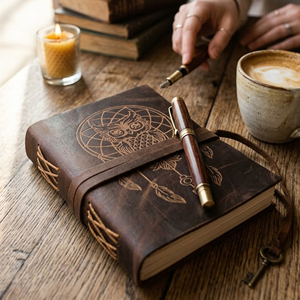 Carnet en cuir imprimé fait main avec gravure hibou, style vintage, rechargeable, reliure cousue, carnet de croquis rustique marron, cadeau d'affaires - Product Image 1