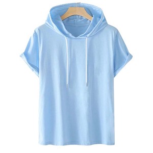 Camiseta negra con capucha y manga corta para hombre, camiseta informal de verano con cordón ajustable - Product Image 4