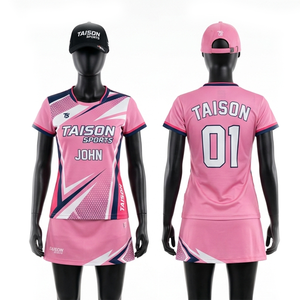Tenue de badminton pour femmes en polyester et élasthanne de qualité supérieure, design à panneaux rose, bleu marine et blanc, respirante, séchage rapide, logo personnalisé par sublimation - Product Image 2