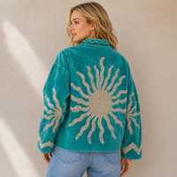 Blouson Bomber Femme Hiver en Velours Teal Brodé Motif Soleil, Col Mandarin, Manches Longues, Coupe-Vent Épaisse