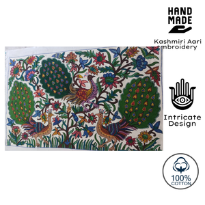 Traditional Hand Woven Cotton Tapestry <b>Wall</b> Hanging Aari Kashmiri Embroidered Peacock Floral Design Rectangle Indoor Decor Art - Product Image 2