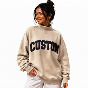 Sweat-shirt oversize à col montant pour femme, broderie appliquée personnalisée, coton éponge, fournisseur direct d'usine OEM - Product Image 1