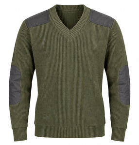 Suéter de punto acanalado para hombre, color verde oliva, cuello redondo, 100% algodón, corte holgado, antipilling, con bolsillo, manga larga, patchwork, color liso - Product Image 1