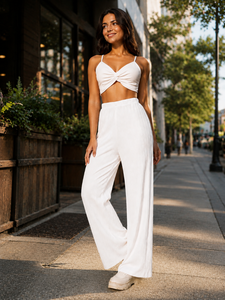 Pantalon large plissé blanc taille haute coupe ample longueur totale taille élastique décontracté été anti-plis pour femme - Product Image 1