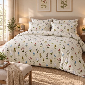 Drap plat en coton imprimé floral classique, couleur terre cuite, 100% coton, T 180 - Product Image 1