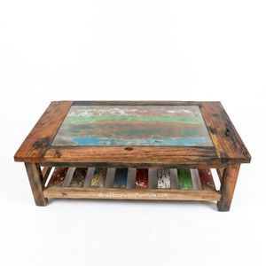 Rustic Solid Wood Durable Eco-Friendly Handmade <b>Coffee</b> <b>Table</b> Storage Glass Top Antique Finish Indoor Outdoor Living Room - Product Image 1