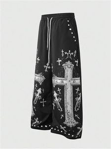 <b>Men's</b> Goth Rivet Cross Graphic Baggy Pants Streetwear <b>Wide</b> <b>Leg</b> <b>Trousers</b> with Pockets - Product Image 2