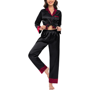 Women's Black Satin Pajama Set <b>Long</b> <b>Sleeve</b> Full Length Mandarin Collar Solid Color Smooth Classic Sleepwear Autumn Wear - Product Image 4