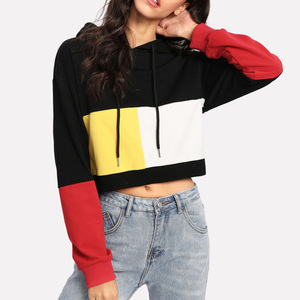 Women's Color Blocked Hooded Sweatshirt Long Sleeve <b>Cropped</b> Casual Autumn Wear Knitted Breathable Regular Fit - Product Image 4