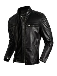 เสื้อแจ็คเก็ตหนังสีดำสไตล์คาเฟ่เรเซอร์สำหรับผู้ชาย - Product Image 1