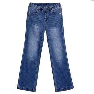 Jeans en denim bleu décontracté et sexy pour femme, coupe droite, taille élastique, lavable, écoresponsable, style streetwear - Product Image 1