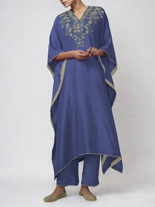 Floral Embroidered Blue Silk Abaya V Neck Loose Fit Three Quarter Sleeve Modest Women's Dress Daily Wear Middle East Style - Product Image 3