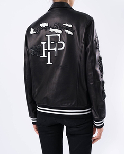 OEM Custom Logo & Embroidery Wholesale Premium Leather Canvas Breathable Winter Men V-neck Crystal Varsity Jacket Front - Product Image 4
