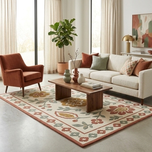 Tapis de salon rectangulaire tufté floral ivoire style bohème avec envers en latex antidérapant à poils moyens - Product Image 1