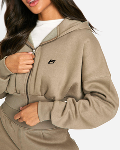 <b>Women</b> <b>Beige</b> Cropped Zip Up Hoodie <b>Jogger</b> Set Casual Two Piece Streetwear Sweatshirt Co Ord Set Wholesale Manufacturer OEM ODM - Product Image 4