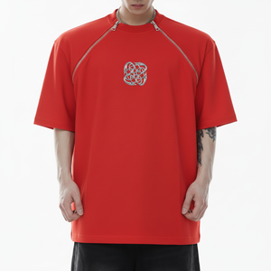 เสื้อยืดโอเวอร์ไซส์ผู้ชายผ้าฝ้าย 100% แบบมีซิปคู่ ตกแต่งตราโครเมียม สไตล์ลำลอง แฟชั่นฤดูร้อน ทรงหลวม สตรีทแวร์ - Product Image 1