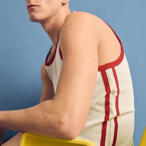 <b>Men's</b> Ribbed Sleeveless Tank Top Cream <b>Red</b> Trim O-Neck Casual Knitted Cotton <b>Vest</b> Solid Color Style - Product Image 6