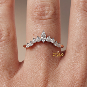 Bague de mariage et de fiançailles de luxe en argent 925 bicolore avec diamant taille marquise, style diadème courbé en V, pour empilage et superposition - Product Image 4