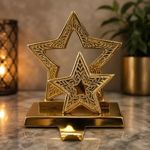 Luxury Metal <b>Stocking</b> <b>Holder</b> with Golden Star Stable Weighted Base for Mantels Shelves <b>Christmas</b> Decor and Seasonal Home Styling - Product Image 1