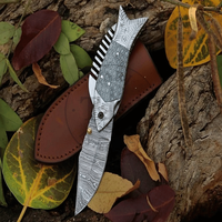 Damast-Klappmesser mit Fischdesign, handgefertigt aus Damaststahl, Harzgriff, OEM anpassbar, Camping, Drop-Point, 3 Jahre Garantie