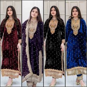 <b>Women</b> Traditional Faux Georgette Embroidered Purple Salwar <b>Suit</b> With Dupatta For <b>Wedding</b> India Pakistan Winter Wear - Product Image 4