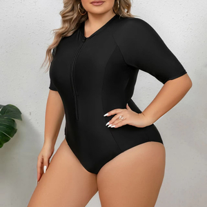 Maillot de bain sport une pièce sexy grande taille couleur unie avec fermeture éclair pour femme, combinaison de surf moulante à manches courtes, tenue de plage OEM - Product Image 5