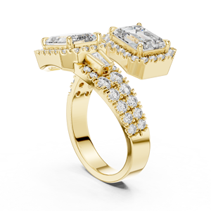 Ensemble de bagues de mariage de luxe en moissanite taille émeraude à double halo en alliage d'or jaune 14 carats |   Bague de fiançailles et alliance pavées - Product Image 5