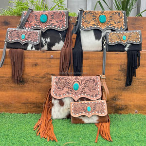 Wholesale New Vintage Hand Tooled Cowhide Leather Handbags and Hand Tooled Cowhide Leather Clutch 2 Piece Combo Set for Women's - Product Image 5