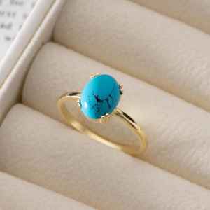 Anillo Ovalado de Turquesa Vermeil, Piedra de Turquesa Azul, Estilo Minimalista, Plata de Ley 925, Chapado en Oro de 14K, Joyería Boho Hecha a Mano - Product Image 1