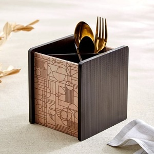 Minimalist Wooden Cutlery Holder With Geometric Laser Cut Design For Dining <b>Table</b> Storage - Product Image 3
