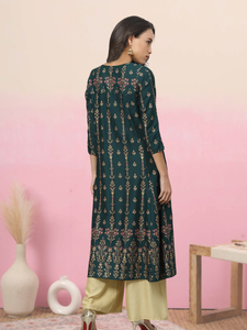 ชุดอานาร์กาลีผ้าเรยอนสีเขียวพิมพ์ลายดอกไม้สำหรับผู้หญิง คอทรงเรือ แขนสามส่วน แห้งเร็ว เหมาะสำหรับฤดูร้อน สไตล์ลำลองแบบชาติพันธุ์ทั่วโลก - Product Image 4