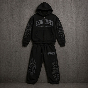 Ekin Impex Custom Streetwear French Terry Cropped <b>Distressed</b> Acid Washed Oversized Sweatpants and Zip up Hoodie Set - Product Image 3