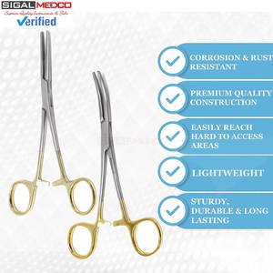 ชุดคีมคีลลี่แบบตรงและโค้ง 2 ชิ้น ขนาด 5.5 นิ้ว พร้อมตัวล็อค ทำจากสแตนเลส ปากคีมแบบหยักครึ่งหนึ่ง และด้ามจับสีทอง - Product Image 4