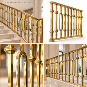 Rampe d'escalier moderne en métal doré avec balustre ovale et colliers décoratifs géométriques pour intérieurs de luxe - Product Image 5